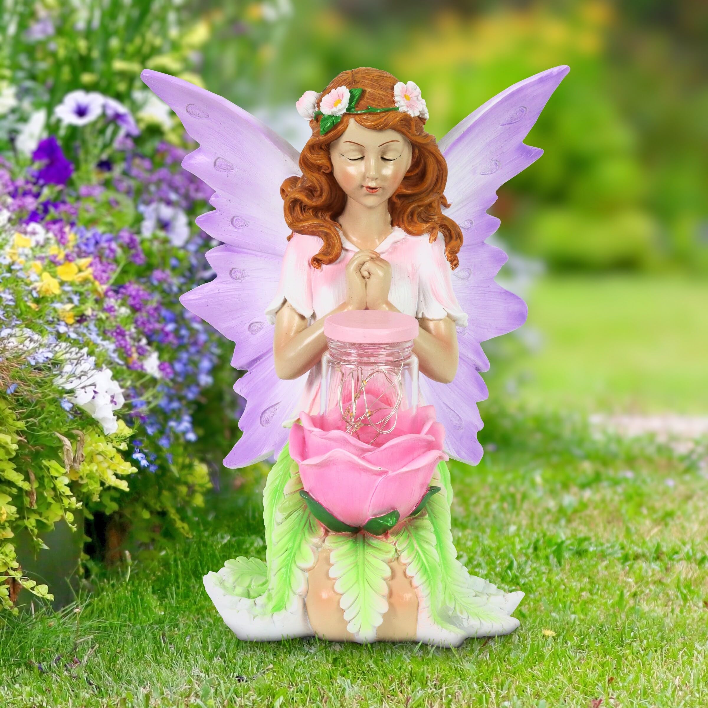 Exhart Solar Fairy Garden Statue with Rose & Firefly Jar - 8 LED Lights, 7.5 x 8.5 x 10 Inch Outdoor Lawn & Yard Decoration - Perfect for Fairy Gardens, Patios, and Backyard Landscaping
