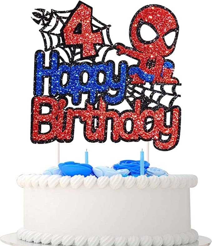 Spider-Man Cake Topper - Double Sided Glitter Birthday Cake Decoration for Kids, Boys & Girls 4th Birthday Party Supplies | Perfect for Superhero Themed Cakes, Cupcakes & Dessert Tables