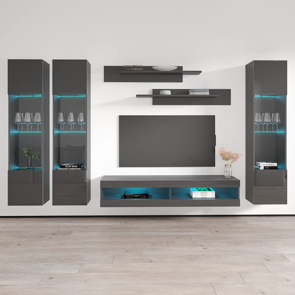 Modern Gray Wall-Mounted TV Stand with Storage Shelves & LED Lights - Meble Fly C 34 Entertainment Center Console for Living Room & Bedroom - Perfect for Organizing Media Devices & Enhancing Home Decor (CD3 Model)