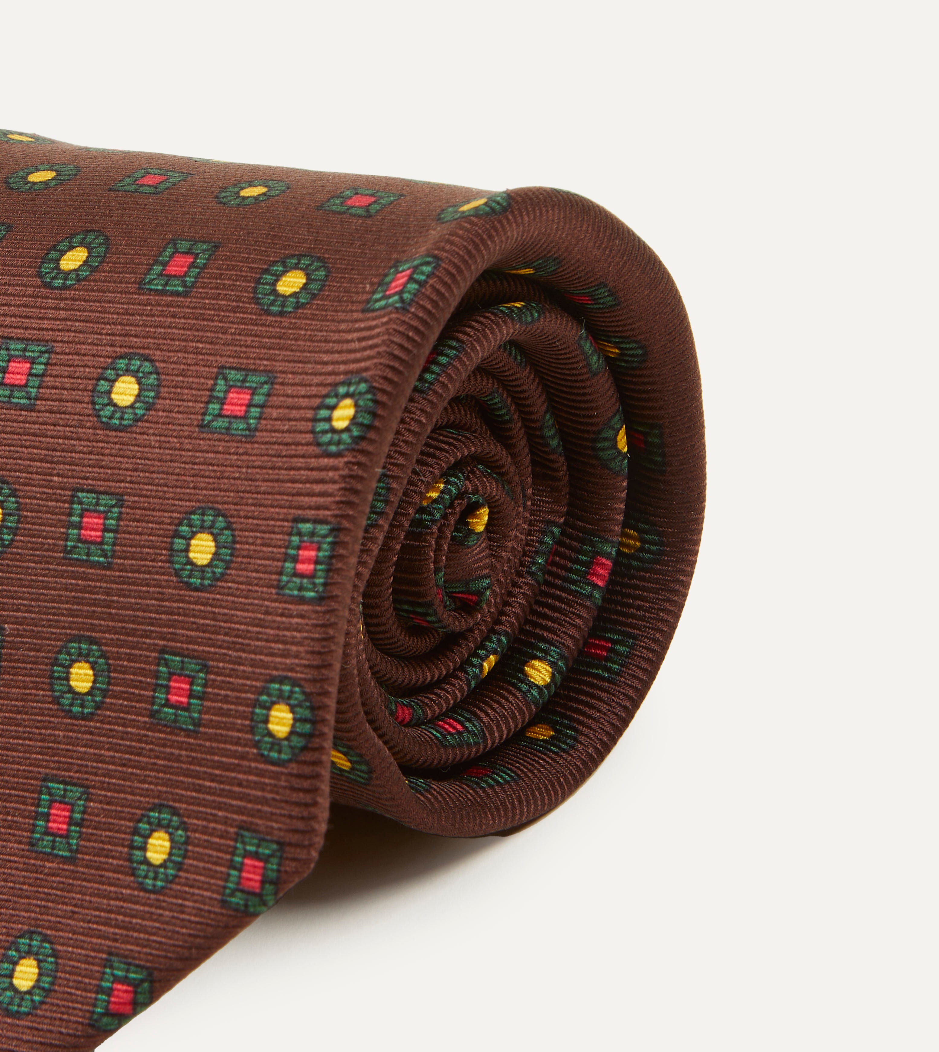 Elegant Brown & Green Geometric Medallion Print Silk Tie for Men | Premium Madder Twill Fabric | Perfect for Business, Weddings & Formal Occasions