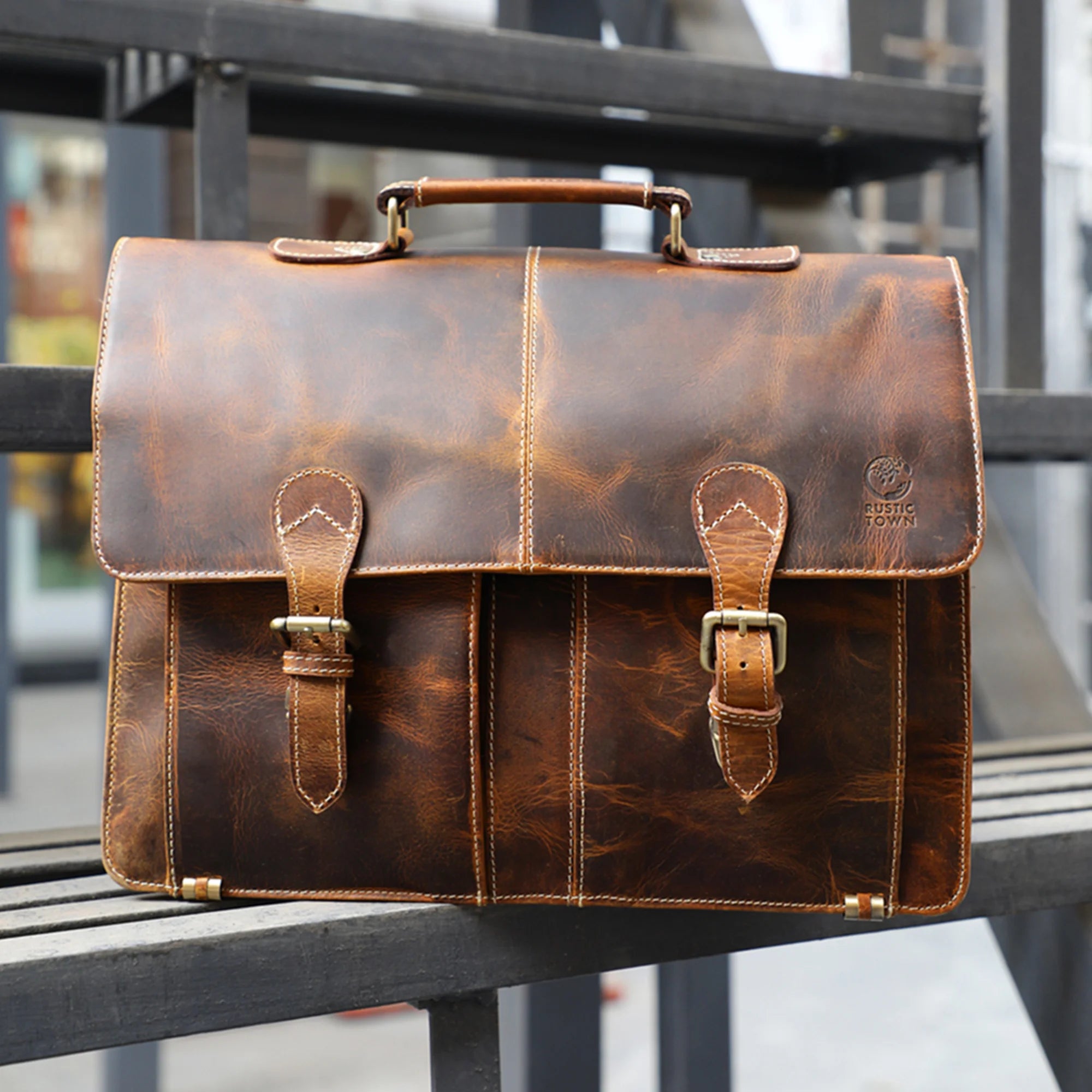 Wayne Premium 16 Inch Genuine Leather Satchel Briefcase for Men - Business Laptop Bag with Shoulder Strap (Antique Brown) - Perfect for Office, Work, Travel & Daily Commute