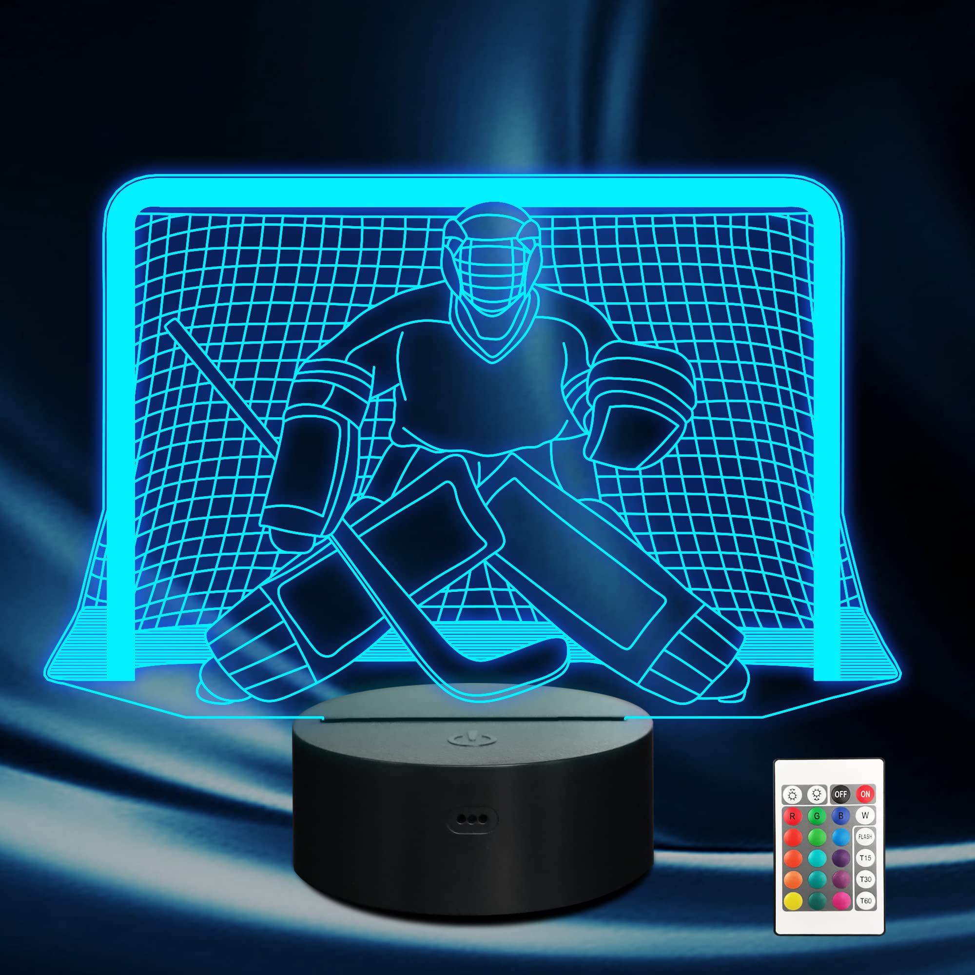 16-Color Changing Ammonite Ice Hockey Night Light with Remote & Timer - 3D Hockey Goalie Lamp for Kids, Boys, Girls & Sports Fans - Perfect for Bedroom Decor, Birthday & Christmas Gifts - Ideal for Hockey-Themed Rooms, Game Night Lighting & Sports Fan Collections