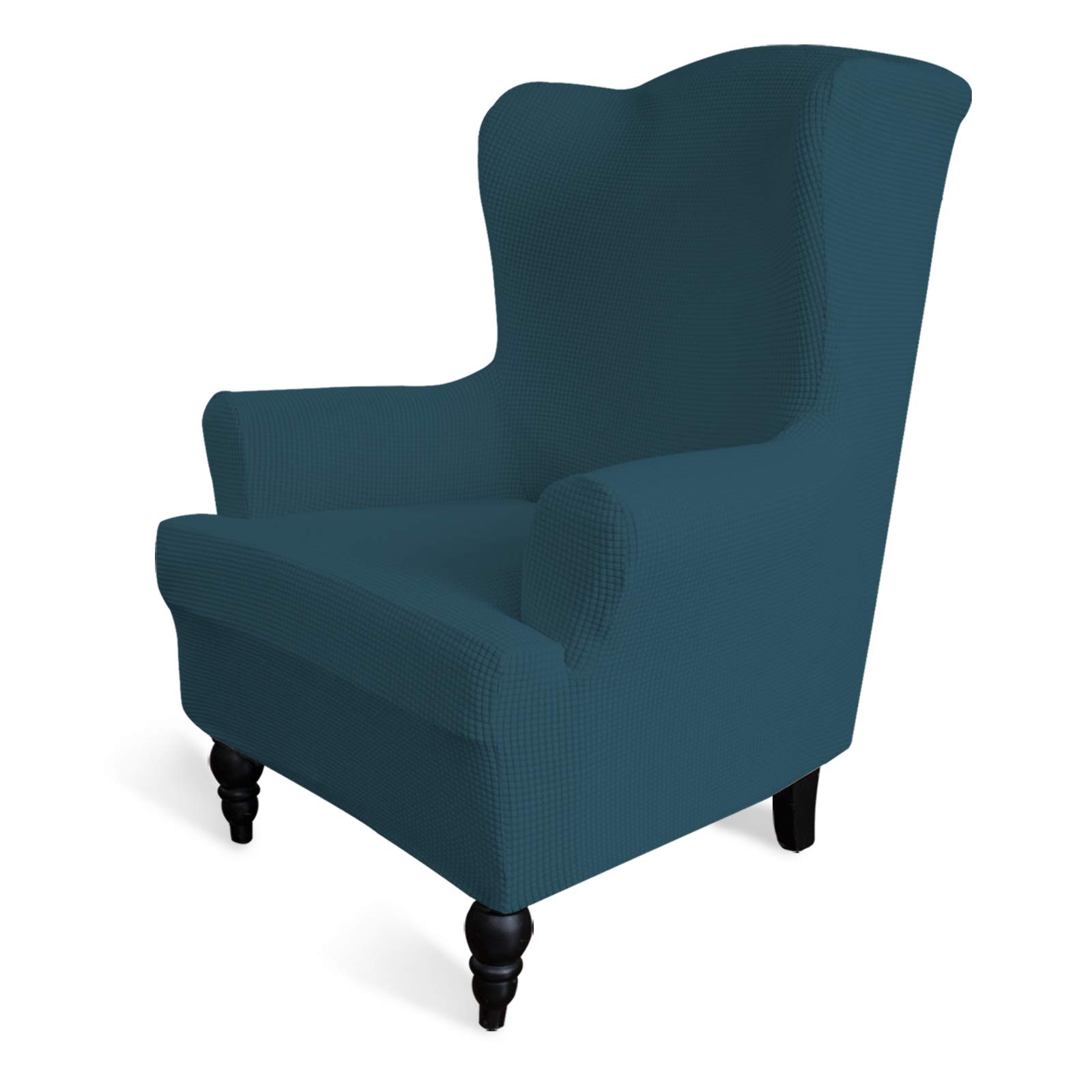 Stretch Wingback Chair Slipcover - 1-Piece Elastic Sofa Cover with Jacquard Fabric - Polyester Spandex Furniture Protector for Wing Chairs (Deep Teal, Small Checks) | Perfect for Living Room, Office & Home Decor Protection