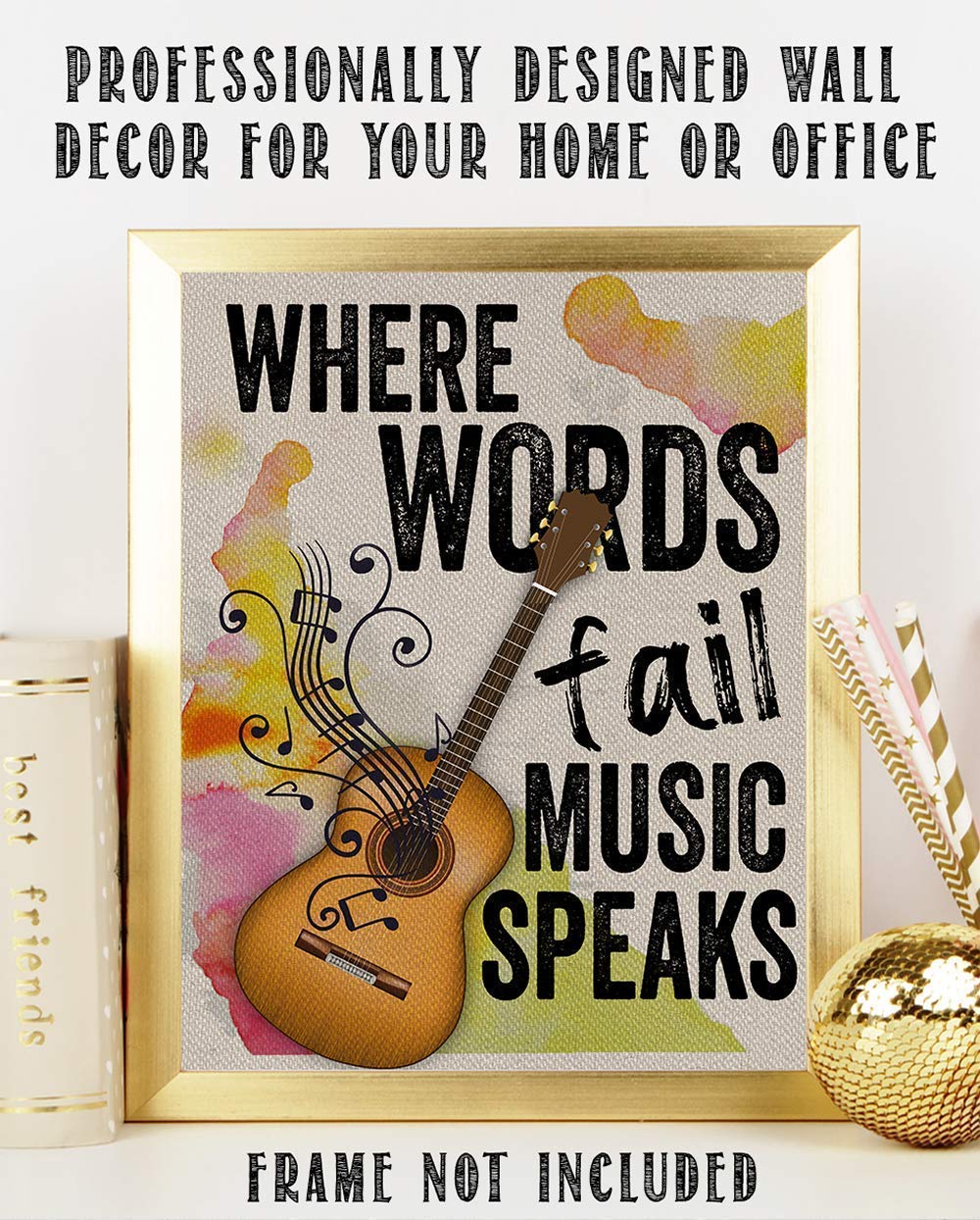 Where Words Fail Music Speaks Poster - 11x14 Inch Unframed Music Wall Art for Bedroom & Living Room Decor, Inspirational Guitar Canvas Print, Perfect Gift for Musicians & Music Lovers - Home Office & Studio Decor