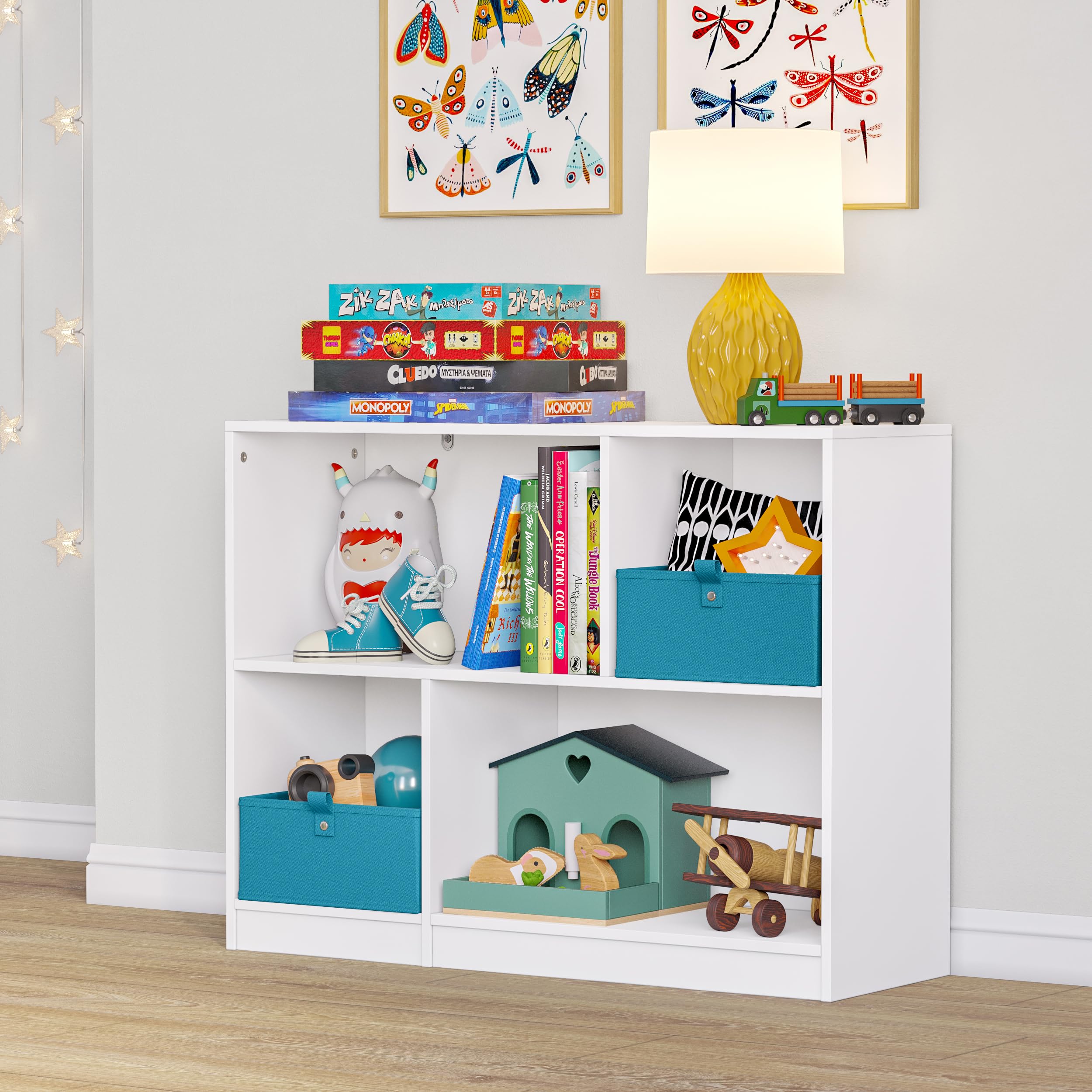 RiverRidge Kids Horizontal Bookcase Toy Organizer with 2 Shelves, Cubbies & 2 Turquoise Fabric Bins - Sturdy Wooden Toy Storage for Playroom, Books and Games - Perfect for Nursery, Classroom & Kids Bedroom Organization