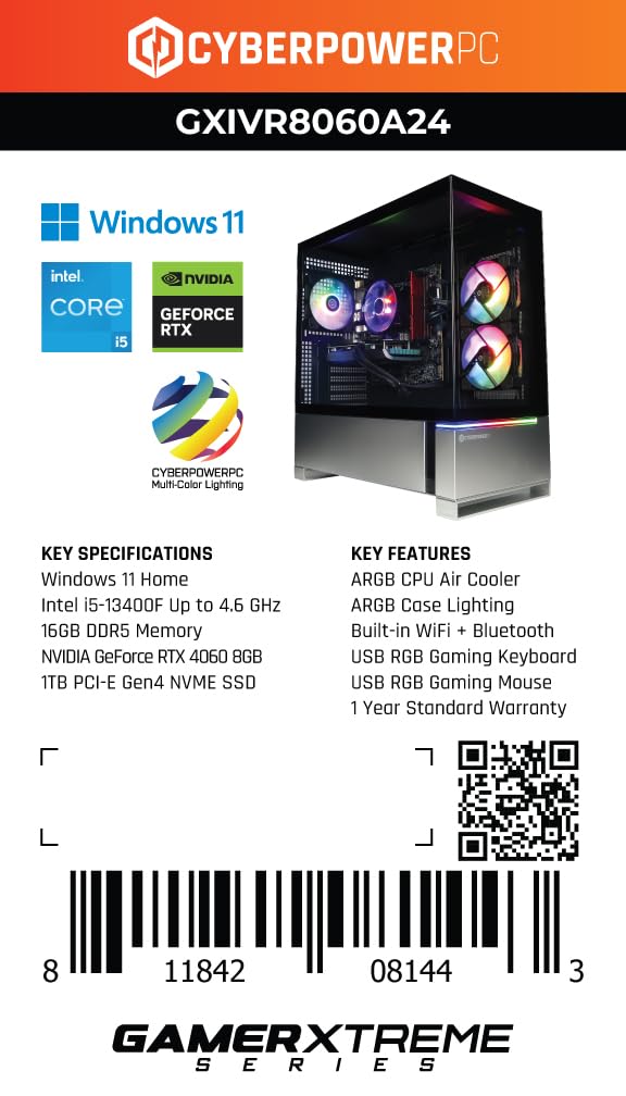 CyberPowerPC Gamer Xtreme VR Gaming Desktop - Intel Core i5-13400F 2.5GHz, NVIDIA GeForce RTX 4060 8GB, 16GB DDR5 RAM, 1TB PCIe Gen4 SSD, WiFi, Windows 11 Home (GXiVR8060A24) - Perfect for VR Gaming, Esports & High-Performance PC Gaming