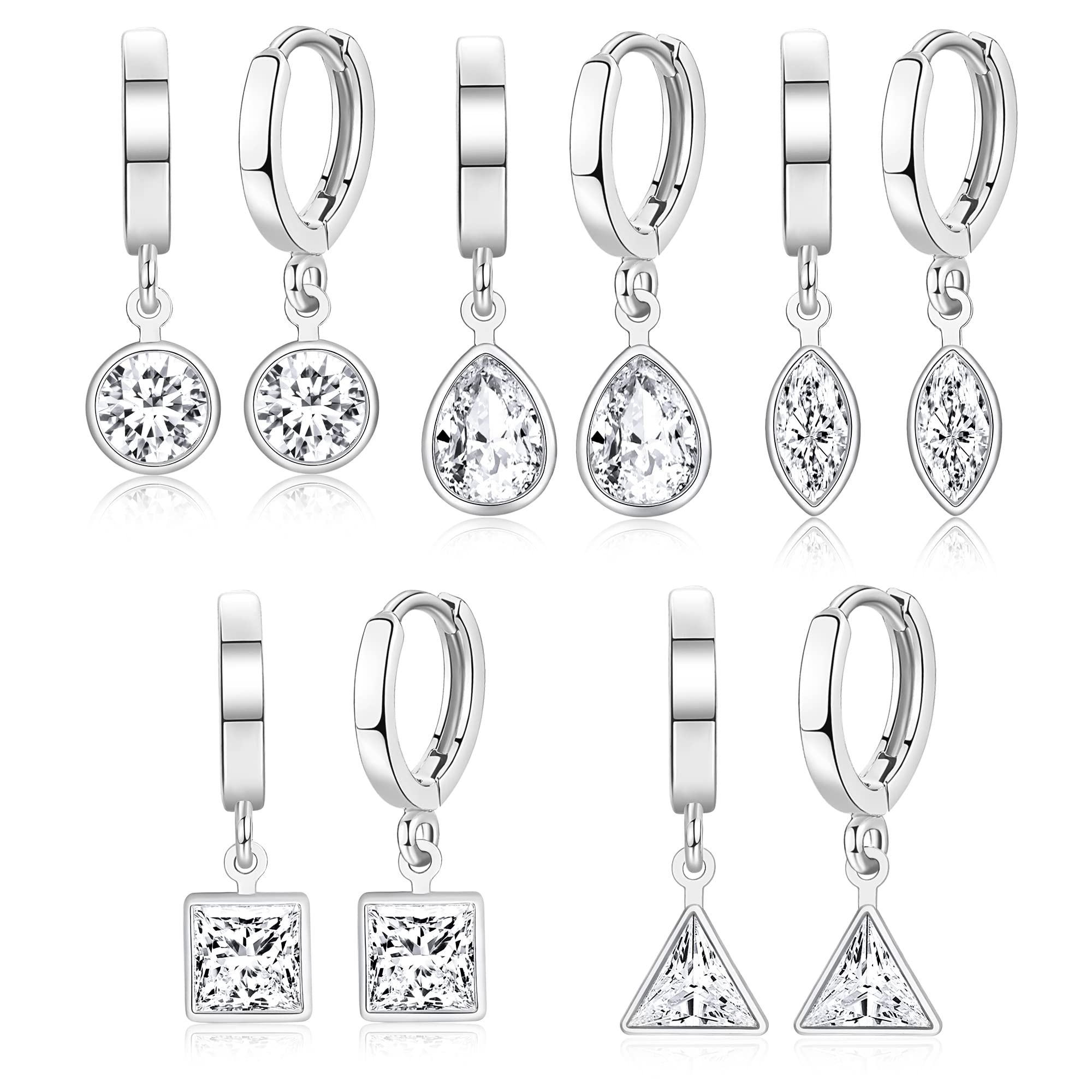 SHOWNII Sterling Silver Huggie Hoop Earrings for Women - Small Dangle Drop Hoops with CZ Charm, 14K White Gold Plated - Perfect Gift for Girls, Women | Everyday Wear, Date Night, Special Occasions