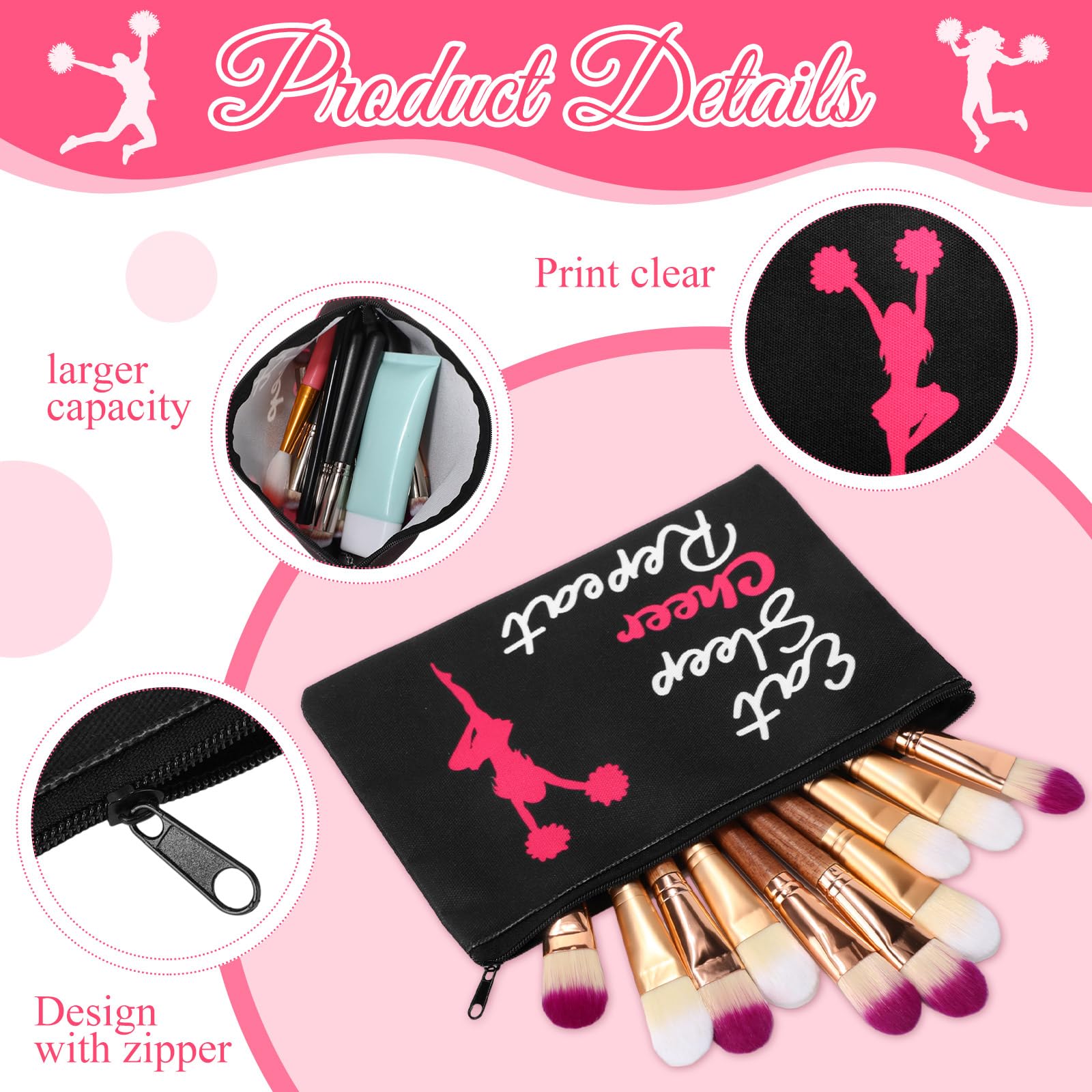 12 Pcs Makeup Bags for Women - Portable Cosmetic Organizer with Zipper, Canvas Travel Toiletry Case - Perfect for Team Party Favors, Bridesmaid Gifts & Cheerleading Events (Cheer) - Ideal for Travel, Gym, Daily Use & Makeup Storage