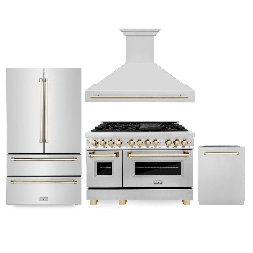 ZLINE Autograph Edition 48-inch Stainless Steel Kitchen Package - Dual Fuel Range, Range Hood, Dishwasher & Refrigerator with Polished Gold Accents (4KAPR RARHDWM48 G) | Luxury Kitchen Appliances for Modern Homes & Professional Chefs