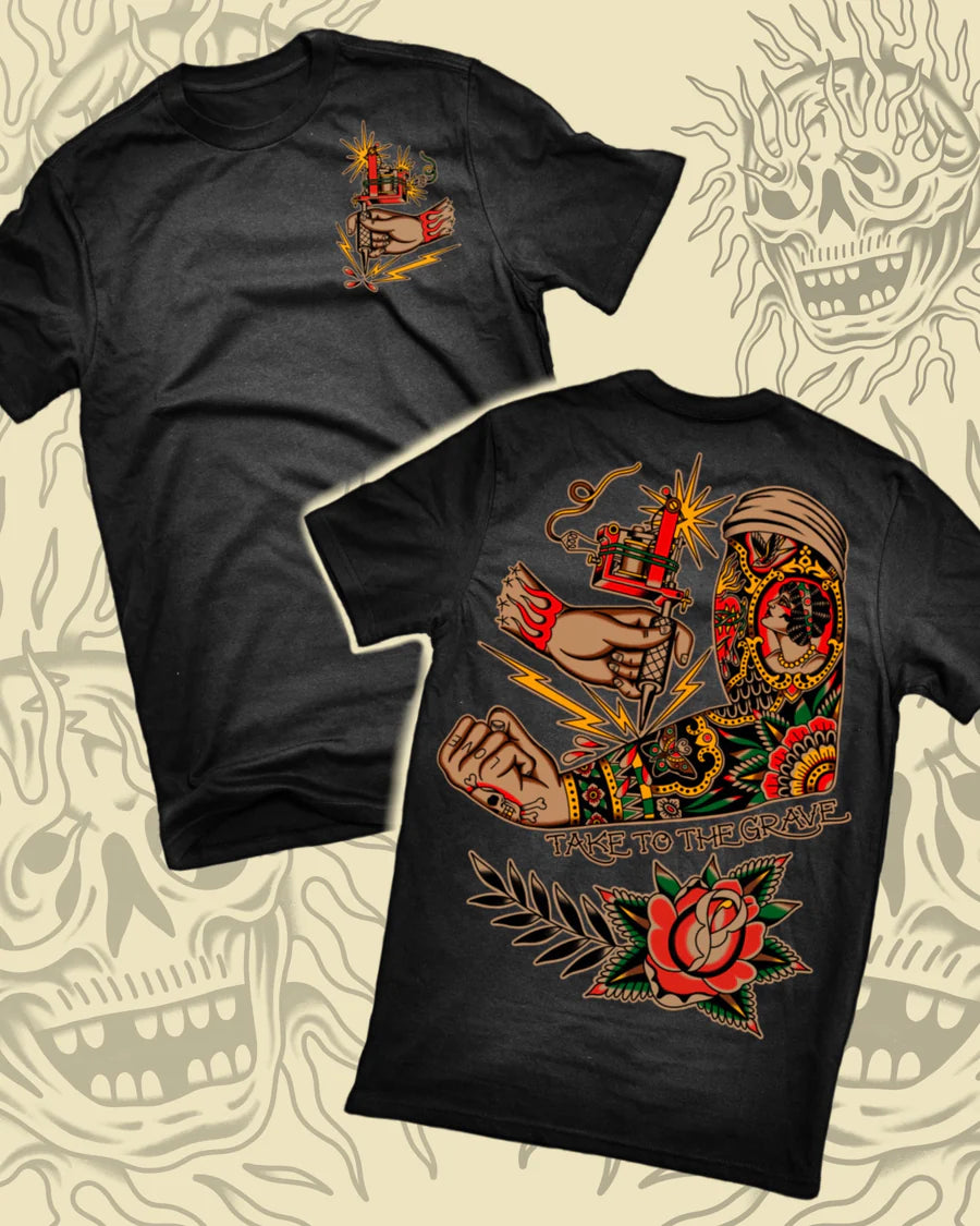 Take To The Grave Tatty Zap T-Shirt - Black Graphic Tee for Men | Gothic Streetwear & Punk Style | Perfect for Concerts, Halloween & Alternative Fashion