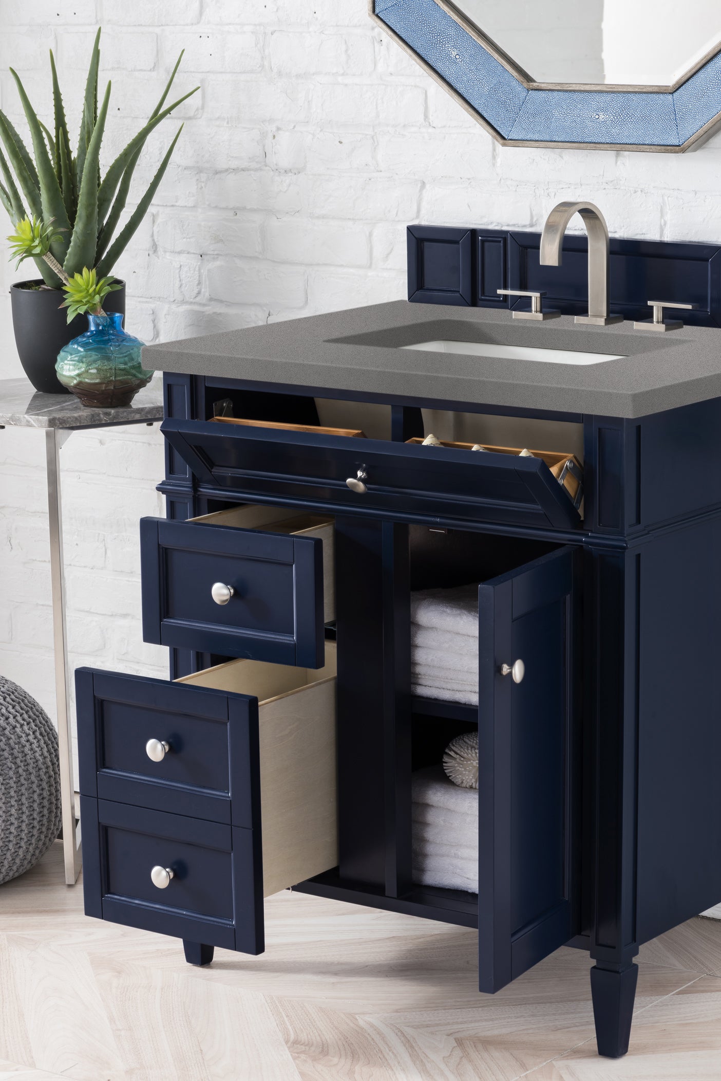 Brittany 30-Inch Single Bathroom Vanity Set with Victory Blue Cabinet & 3CM Grey Expo Quartz Countertop – Perfect for Modern Bathroom Remodeling & Small Space Design