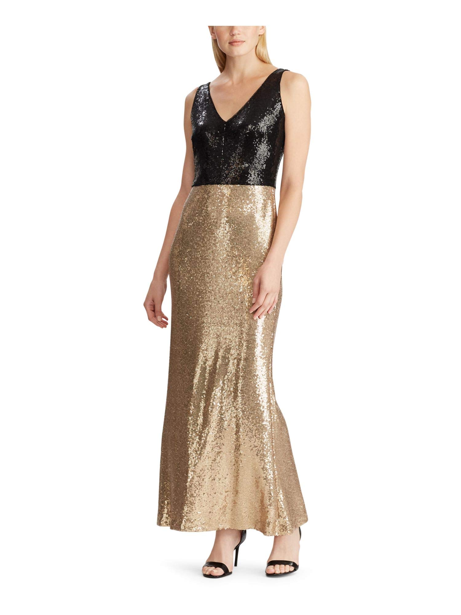Ralph Lauren Women's Gold Sequined Color Block Sleeveless V-Neck Maxi Sheath Evening Dress - Size 6 | Formal Gala, Cocktail Party, Wedding Guest Outfit