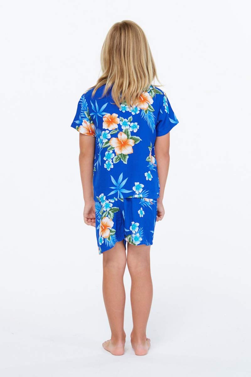 Hawaiian Luau Outfits for Family - Matching Hibiscus Blue Aloha Shirts for Men, Women, Girls & Boys | Perfect for Beach Parties, Summer Vacations & Tropical Themed Events