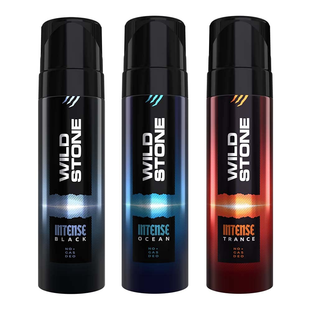 Wild Stone Intense Black, Ocean & Trance Deodorant Body Spray for Men - Long Lasting Fragrance, No Gas Formula, 3-Pack (120ml Each) - Gym, Office & Night Out Freshness