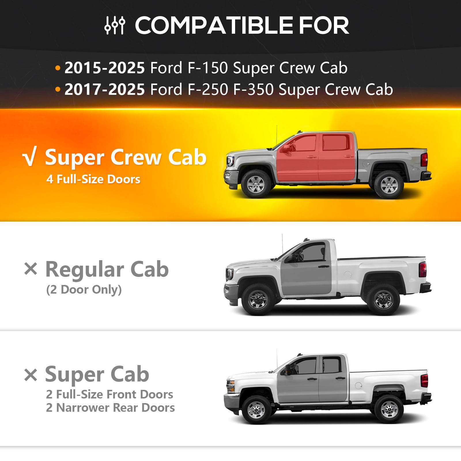 2015-2025 Ford F150 & 2017-2025 Ford F250 F350 Super Duty Crew Cab Running Boards - SuperCrew Cab Compatible Side Steps with Two-Stair Design Nerf Bars (Fits 4 Full-Size Doors) | Off-Road Adventure & Daily Driving Side Steps