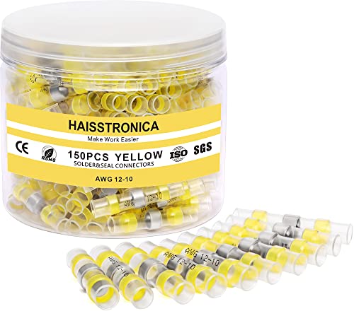 Haisstronica 150PCS Waterproof Solder Seal Wire Connectors - Heat Shrink Butt Connectors for Marine, Electrical & Electronics (12-10 AWG, Yellow) | Ideal for Boat Wiring, Automotive Repairs & DIY Electronics Projects