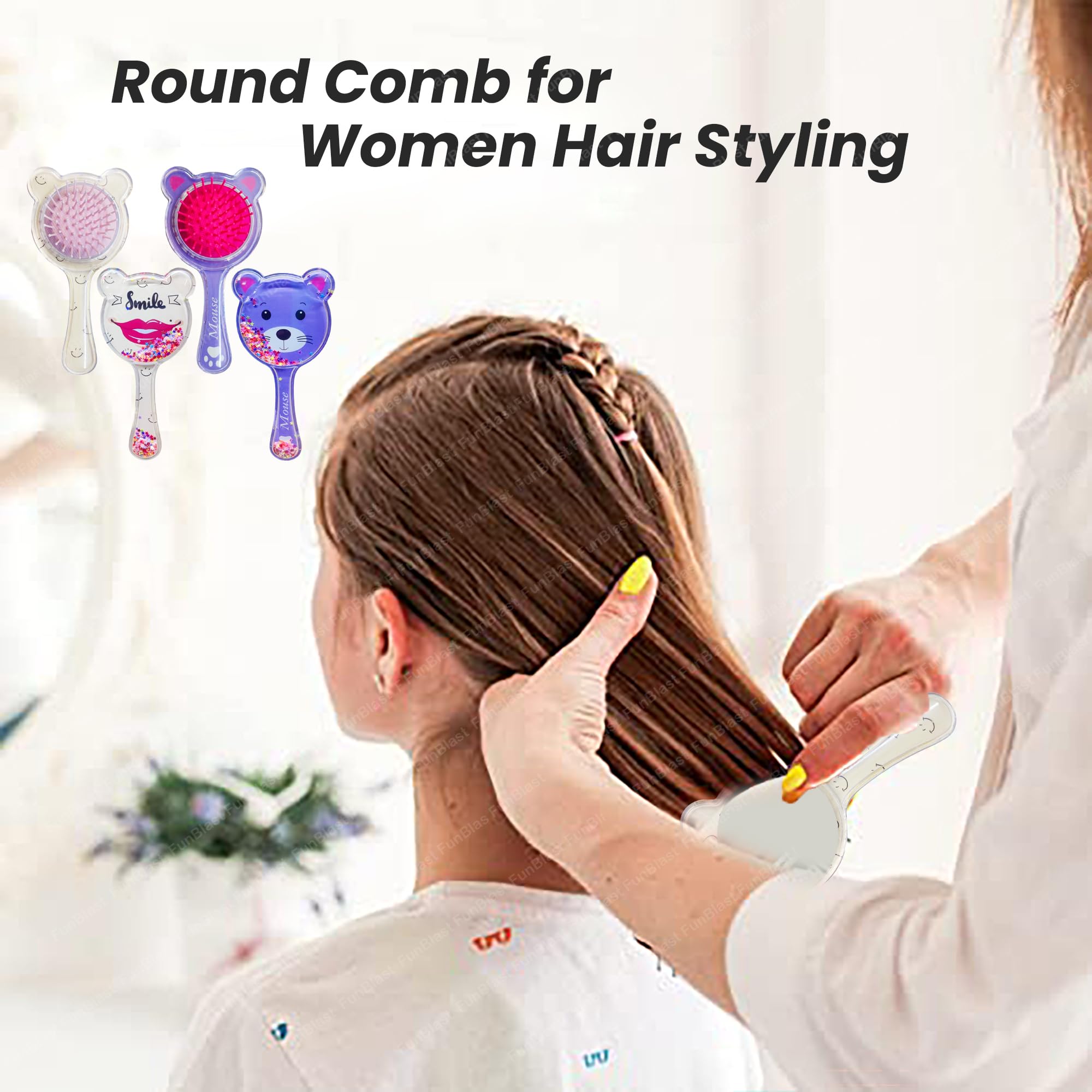 FunBlast 2-Pack Bear Shaped Hair Combs for Girls - Soft Bristle Glitter Hairbrush with Massage Tips, Cute 3D Animal Design Kids Hair Brush (Random Colors) - Perfect for School, Travel & Daily Hair Care