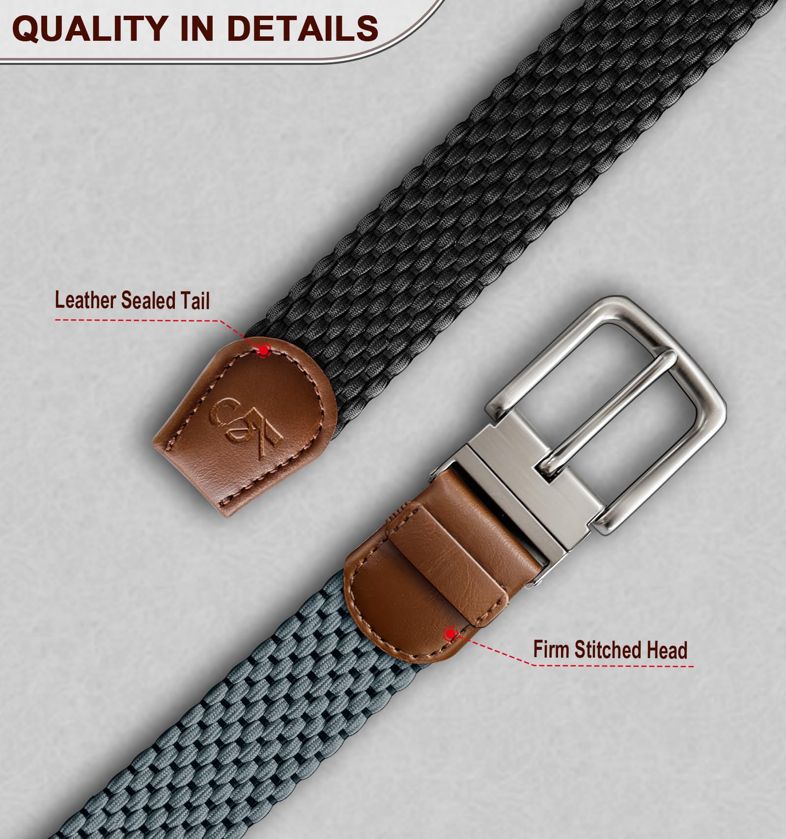 KEMISANT Reversible Braided Belt for Men - Stretchable Elastic Golf & Casual Belt - 2-in-1 Design (1 3/8