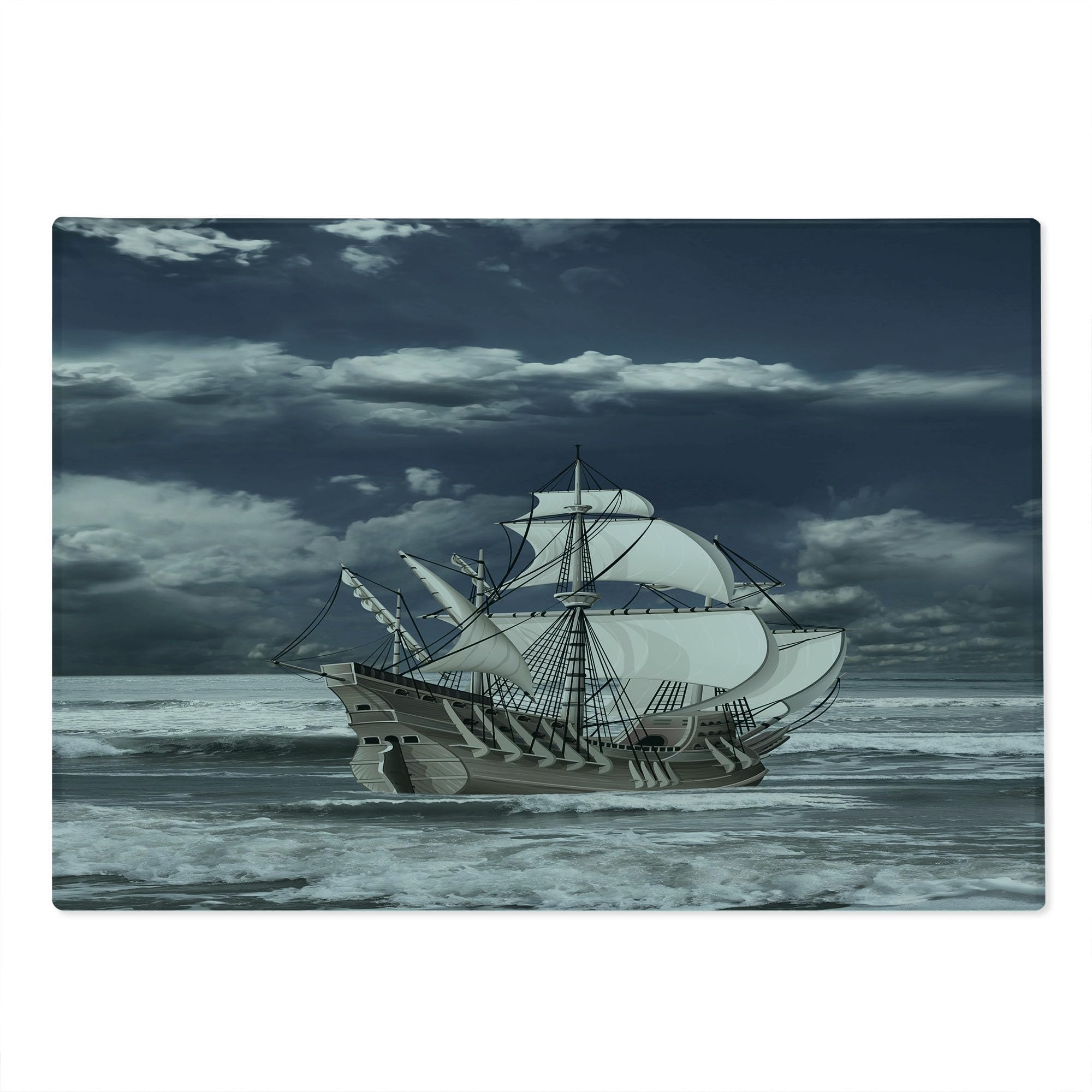 Ambesonne Decorative Tempered Glass Cutting Board - Caribbean Pirate Ship & Cloudy Sky Art Print - Large Blue Grey Serving Board for Kitchen, Charcuterie & Party Platter - Dishwasher Safe Glass Chopping Board for Cheese, Fruits & Entertaining