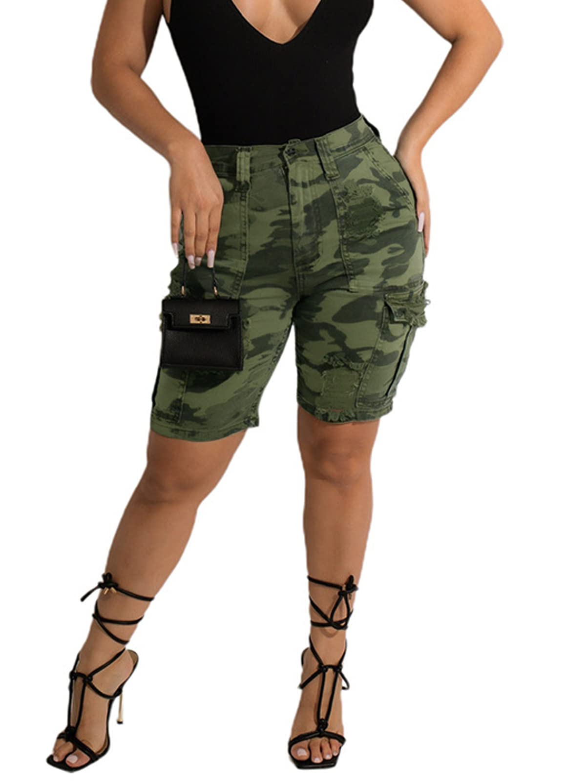 KIRJAUDU Women's Camouflage Print High Waisted Ripped Denim Shorts - Casual Cargo Short Pants for Summer Outfits, Streetwear & Outdoor Activities