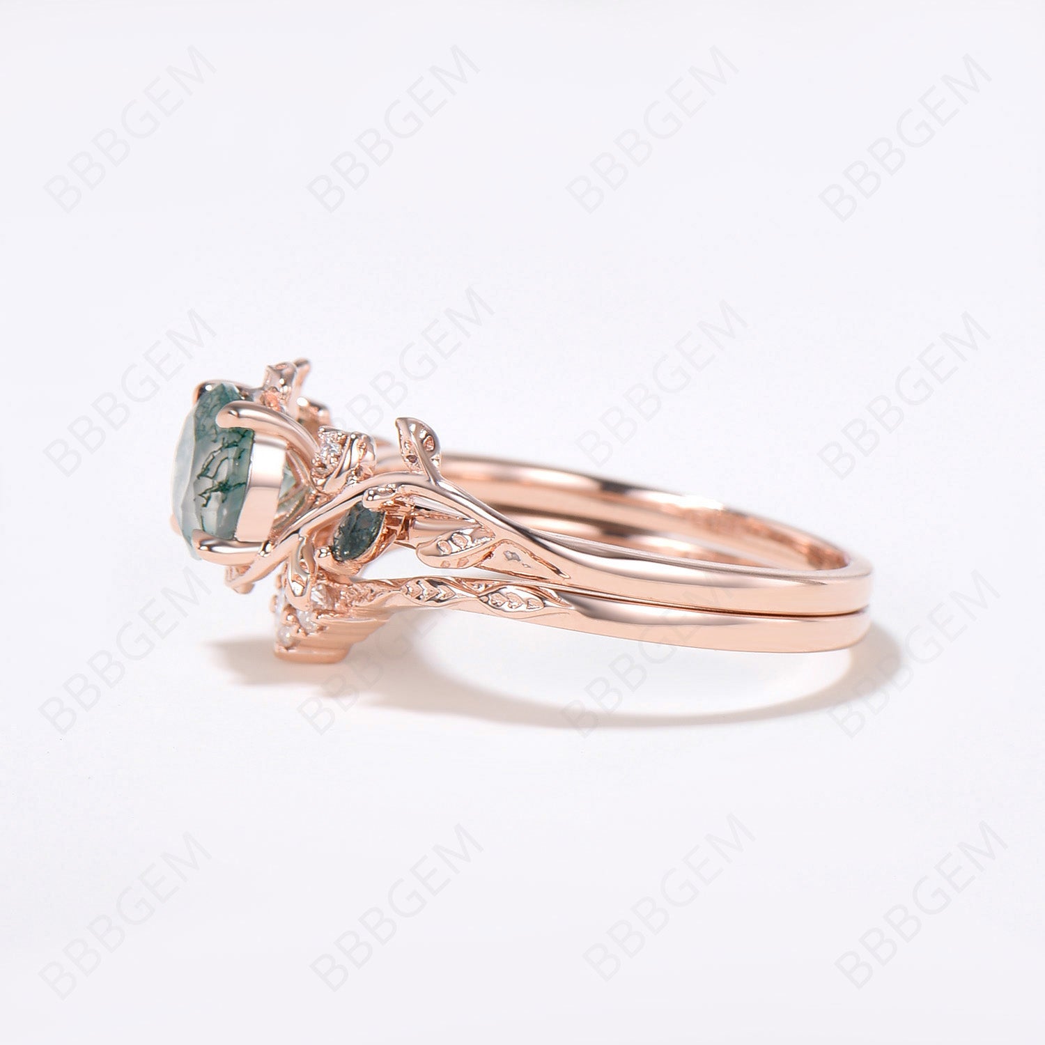 14K Rose Gold Moss Agate Engagement Ring Set - Nature Inspired Leaf Vine Design with Round Aquatic Agate Wedding Band (2-Piece Bridal Set) | Perfect for Outdoor Weddings, Beach Proposals & Boho Chic Jewelry Lovers