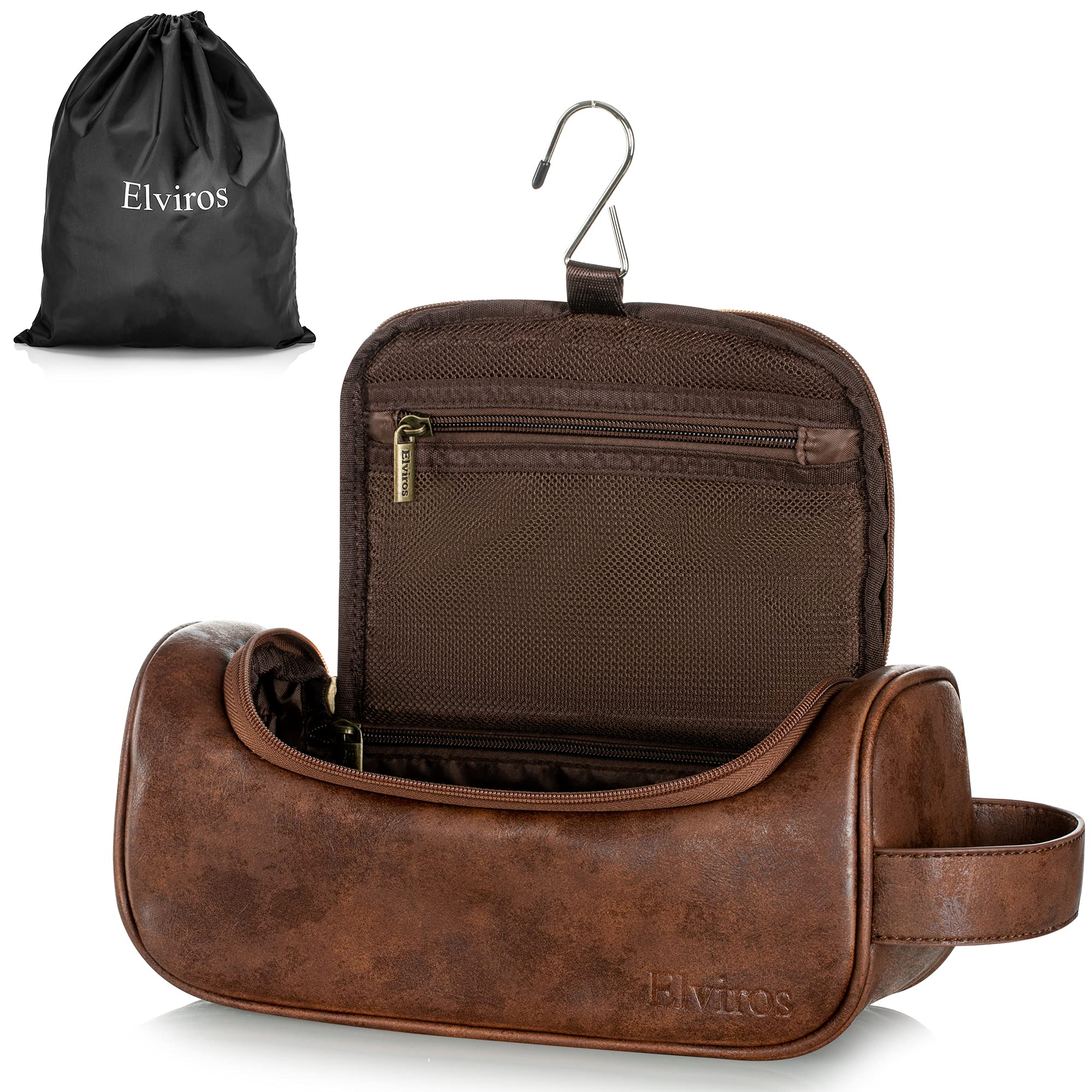 Elviros Leather Toiletry Bag for Men & Women - Large Waterproof Hanging Travel Organizer with Shoe Pouch - Perfect for Bathroom, Gym, Camping & Business Trips (Dark Brown, Medium)