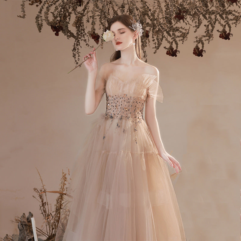 Champagne Off Shoulder Tulle Prom Dress with Beading - Elegant Formal Party Gown for Homecoming, Quinceañera & Evening Events - Style 676