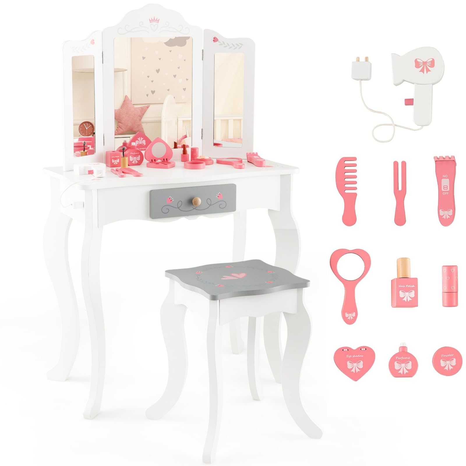 Honey Joy Kids Vanity Set with Mirror & Stool - Wooden Makeup Table for Toddlers - Pretend Play Dressing Toys for Little Girls (White) - Perfect for Birthday Gifts & Role Play