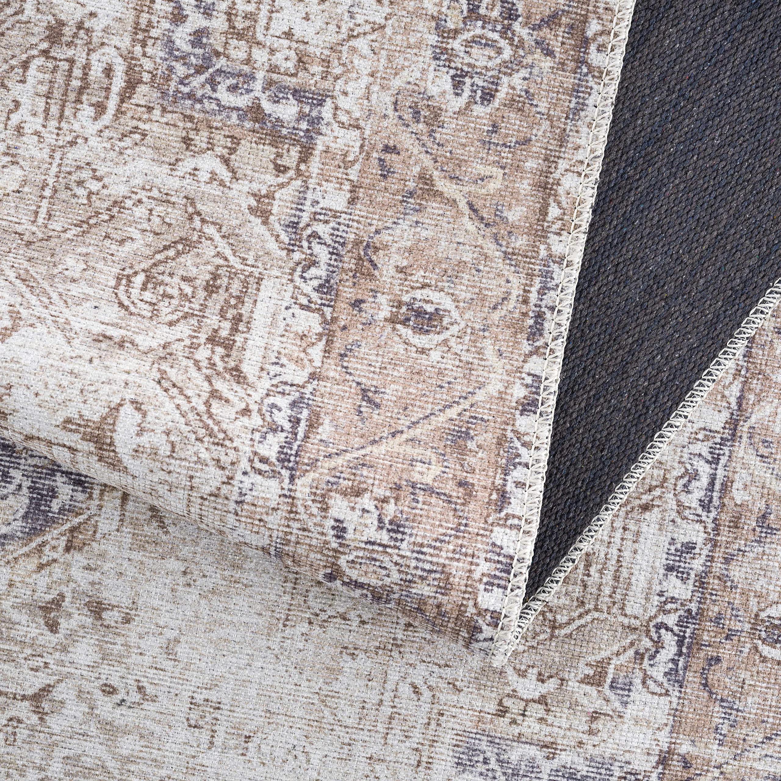 Machine Washable Traditional Runner Rug for Hallway & Kitchen - Beige, Light Brown, Navy - 2'7