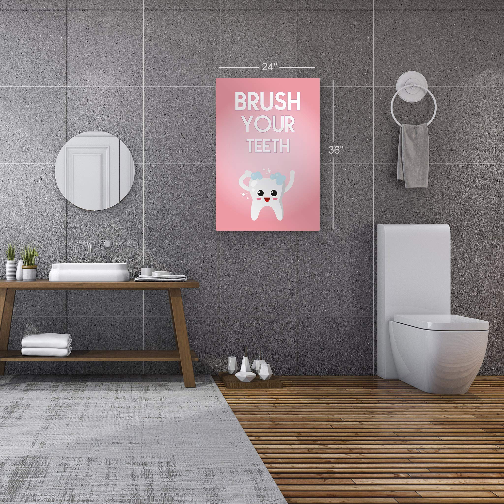 Smile Art Design Brush Your Teeth Quote Metal Print - Kids Bathroom Decor, Nursery Wall Art, Ready to Hang Home Decoration (30x20 Inches, Made in USA) - Perfect for Children's Bathrooms, Bedrooms & Playrooms
