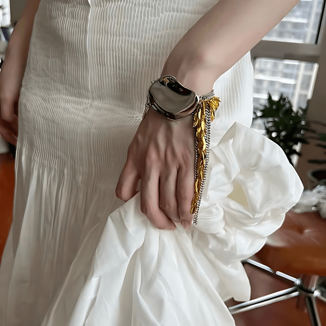 Exaggerated Metallic Two-Tone Leaf Statement Bracelet - Elegant Boho Jewelry for Women | Perfect for Parties, Weddings & Everyday Wear | R099