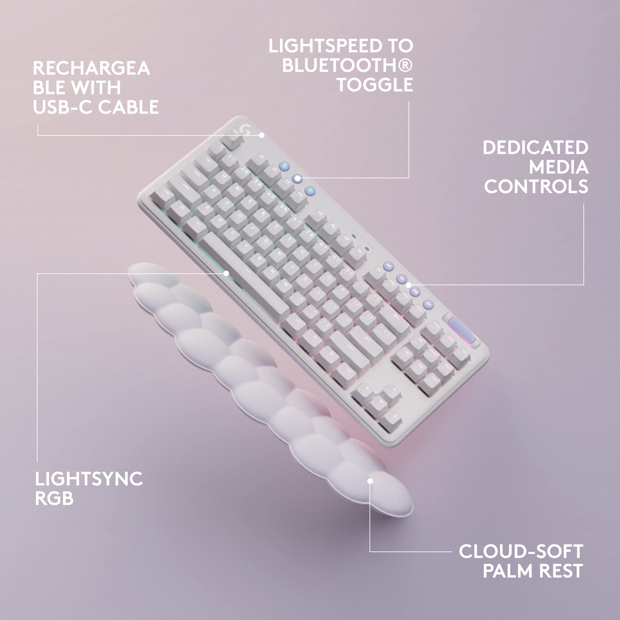 Logitech G715 Wireless Mechanical Gaming Keyboard - LIGHTSYNC RGB Backlit, Lightspeed Technology, Linear GX Red Switches, Includes Palm Rest - Compatible with PC & Mac (White Mist) - Perfect for Esports, Streaming & Professional Gaming