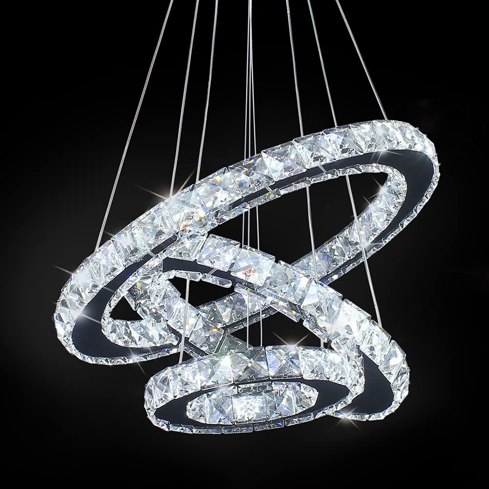Dixun Modern 3-Ring Adjustable LED Chandelier - Stainless Steel Pendant Ceiling Light Fixture for Bedroom, Living Room, Dining Room - Cool White Lighting for Home Decor & Interior Design