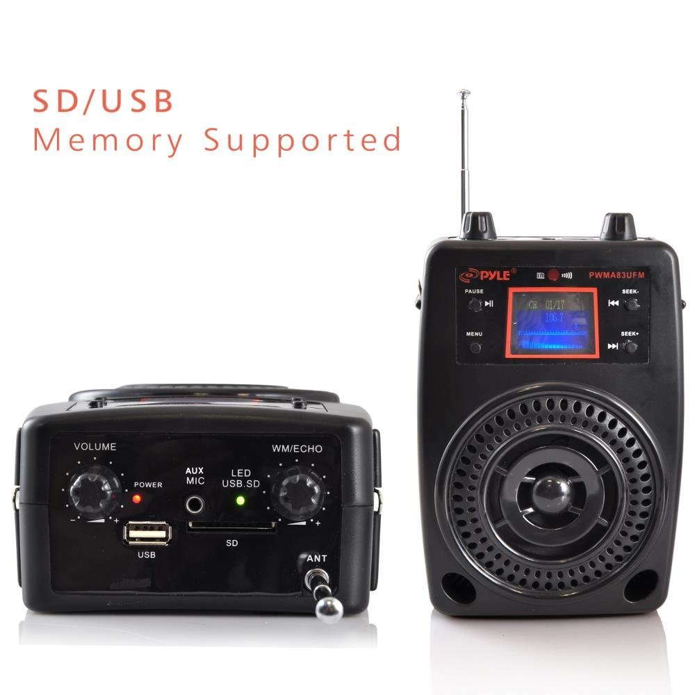 Pyle Portable PA System with Wireless Microphone Kit - Compact Stereo Bluetooth Speaker with FM Radio, LCD Display, USB & Rechargeable Battery - Includes Lavalier Headset for Outdoor Events, Parties, Public Speaking & Surround Sound (Model PWMA83UFM)