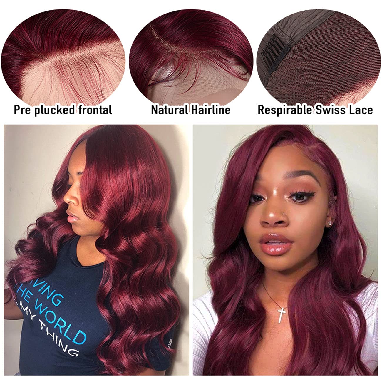 Wiggins Burgundy 14 Inch Human Hair Lace Front Wig - 4x4 Closure, Body Wave 99J, Pre-Plucked & Glueless for Black Women | Perfect for Daily Wear, Parties & Special Occasions