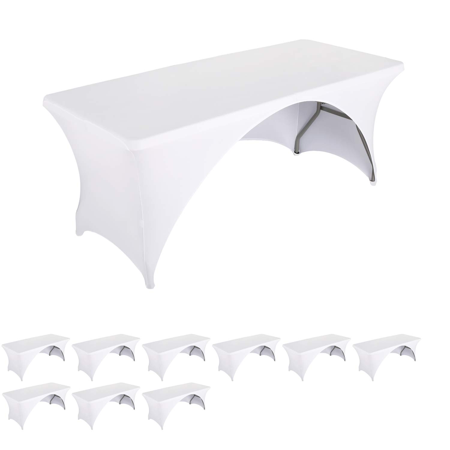 10 Pack Stretchable Fitted Table Covers for 6 Foot Folding Tables - Elastic Spandex Rectangular Tablecloths with Open Back Design - Perfect for Trade Shows, Parties, Banquets & Outdoor Events (6FT-OB10PCS, White)