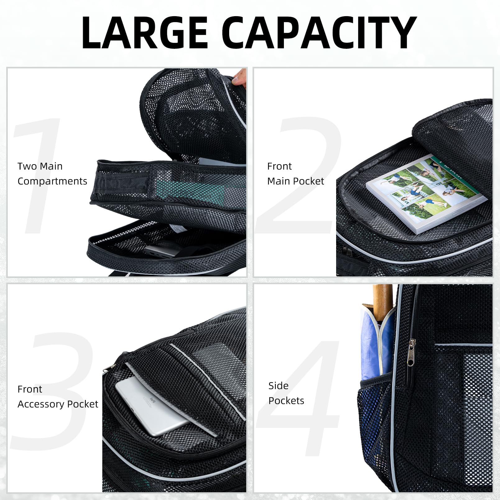 Mesh Backpack for School & Travel - 3 Sizes with Reflective Strips, Transparent Backpack for Girls & Boys - Perfect for Beach, Gym, and Outdoor Activities