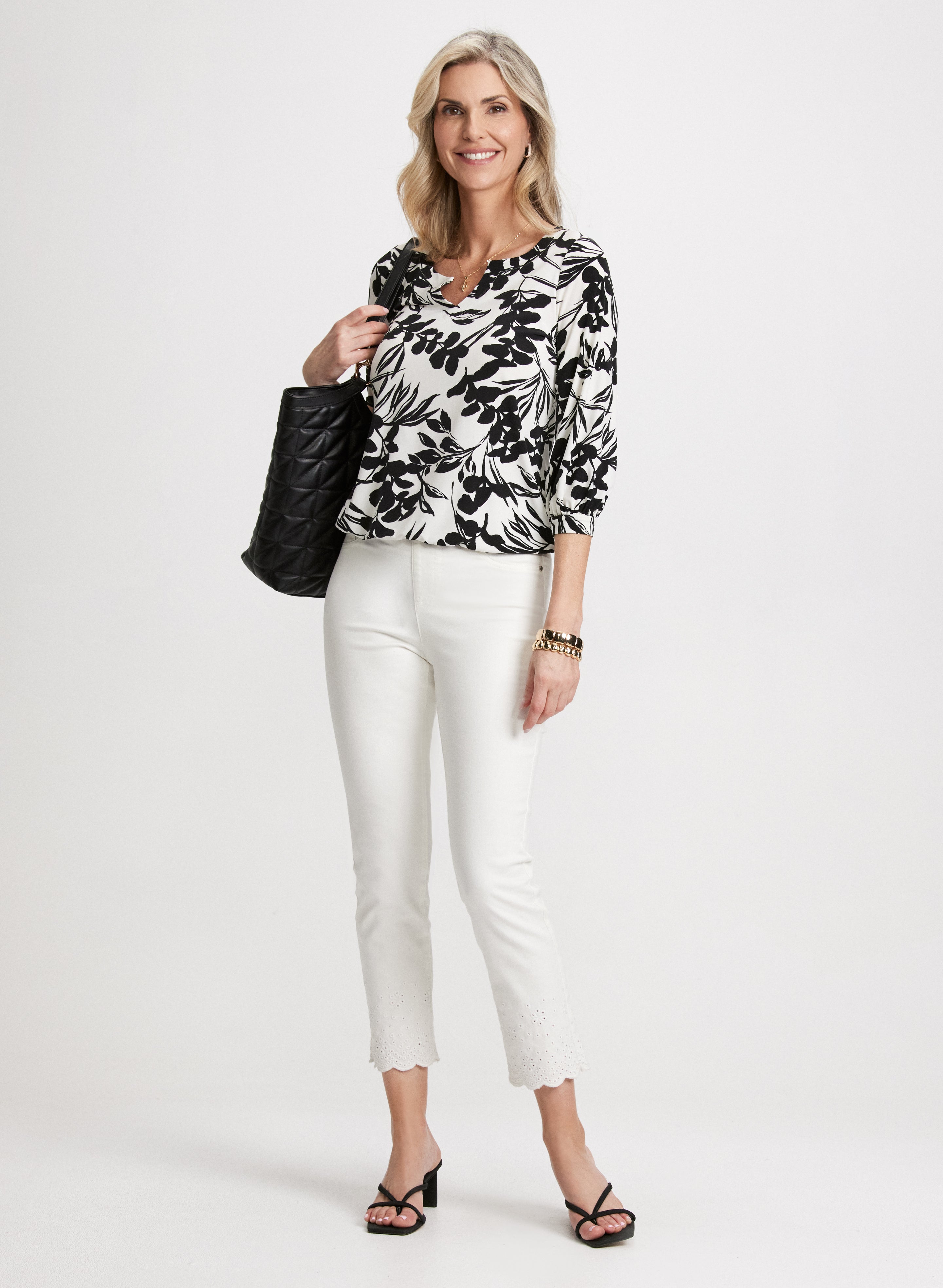 Floral Bouffant Sleeve Blouse & Embroidered Stretch Jeans Set - Women's Fashion Outfit for Spring Summer Casual Wear