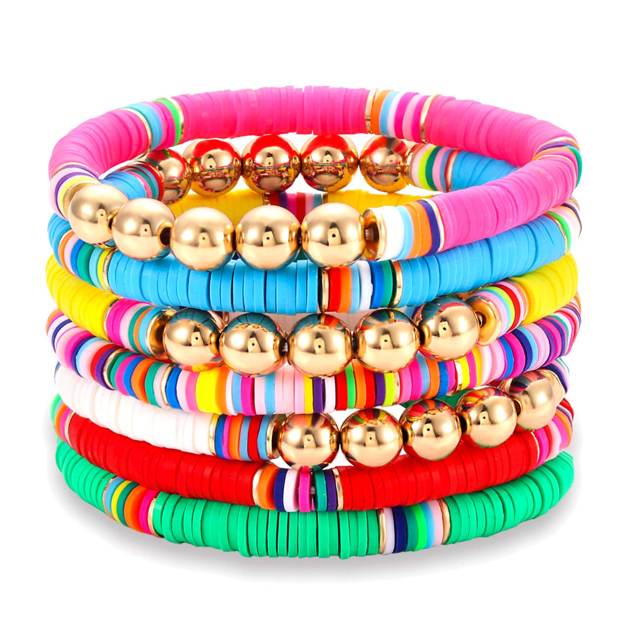 Rainbow Heishi Beaded Stretch Bracelets for Women - Boho Vinyl Disc Friendship Bracelets - Stackable Layered Surfer Bracelets for Summer Beach Parties & Everyday Boho Fashion Accessories