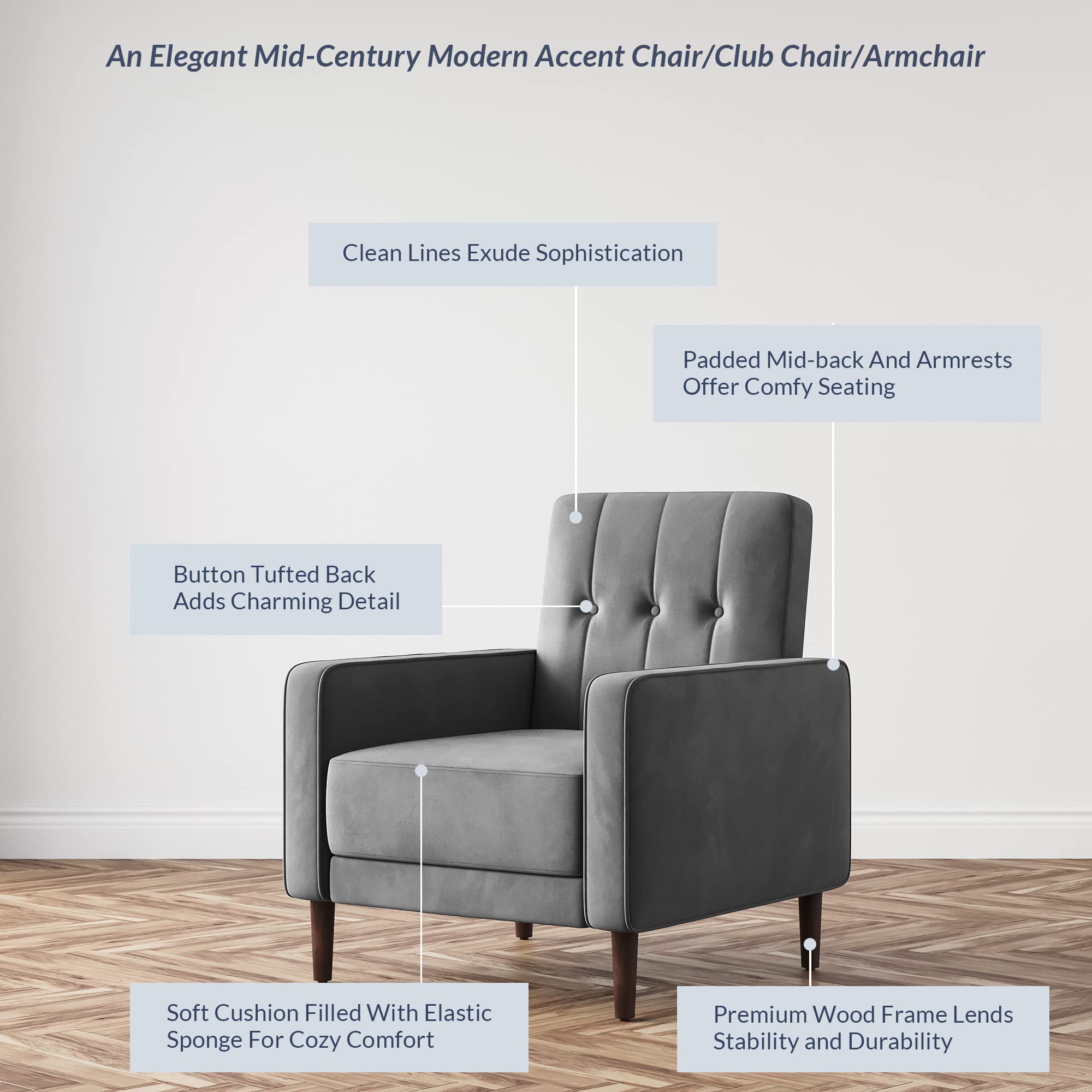 BELLEZE Mid Century Modern Accent Chair - Velvet Upholstered Armchair with Button Tufted Back, Comfortable Lounge Reading Chair for Living Room, Bedroom, Office - Valencia Gray (Perfect for Small Spaces & Home Decor)