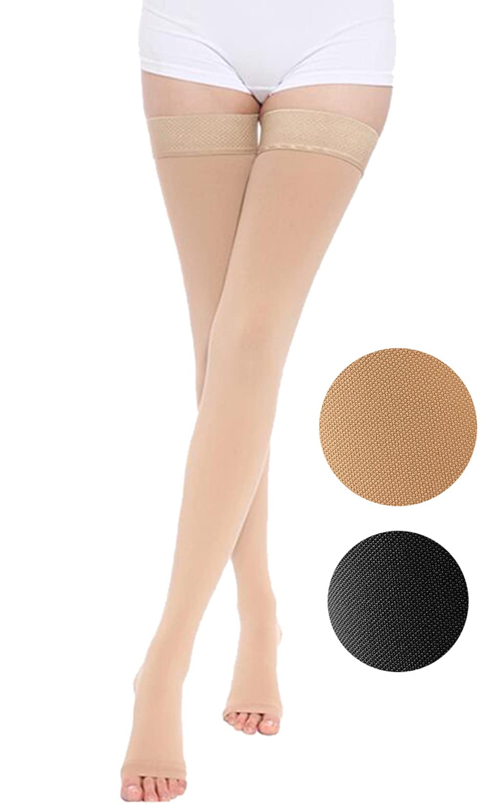 TOFLY® 20-30 mmHg Thigh High Compression Stockings for Women & Men - Open Toe Medical Grade Graduated Compression Socks for Varicose Veins, Edema, DVT Relief - Beige (Pair) - Perfect for Travel, Work & Daily Comfort