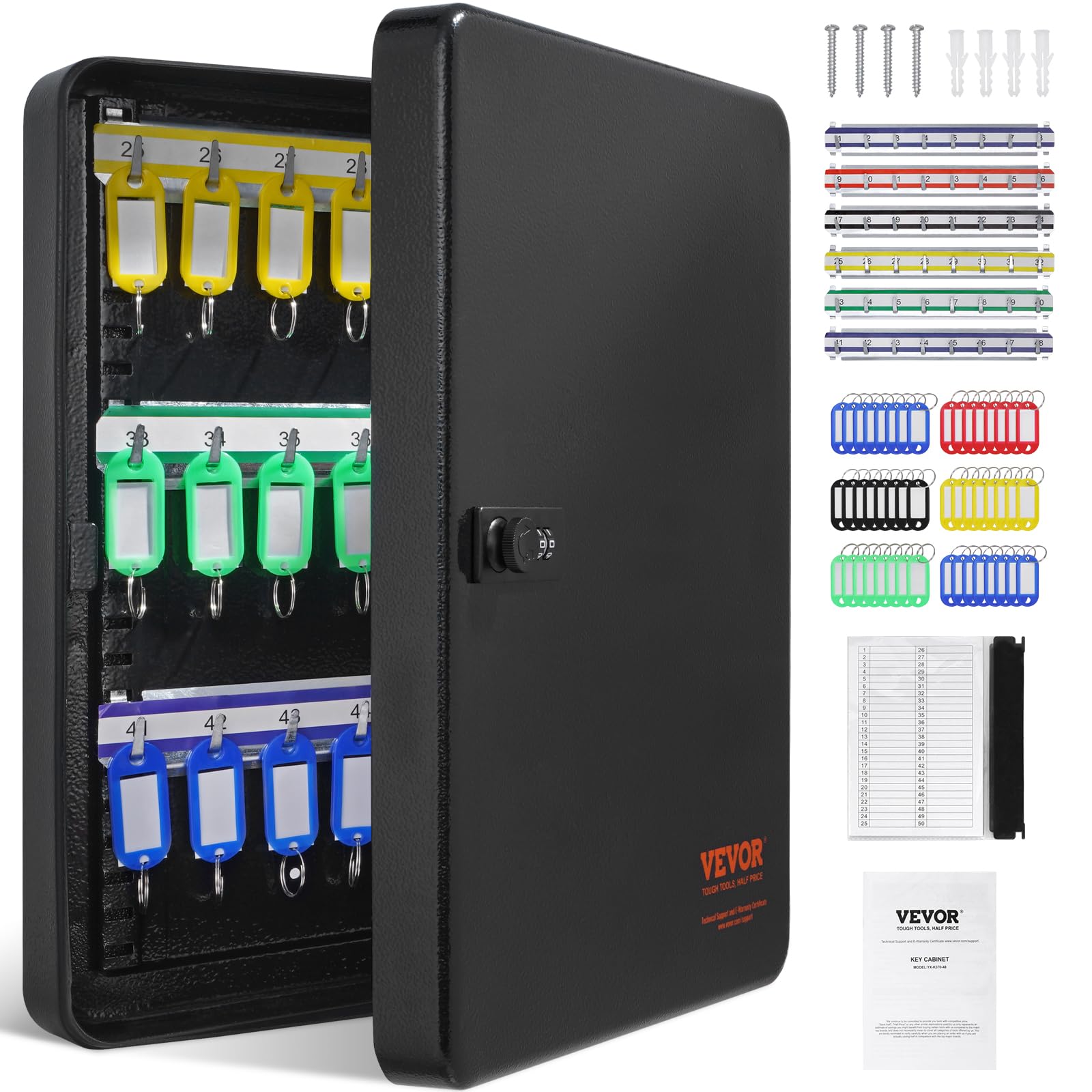 VEVOR 48-Key Cabinet - Digital Key Safe with Combination & Key Lock, Steel Security Storage Box with Adjustable Racks - Includes 48 Colorful Key Tags & Record Card - Perfect for School, Office, Hotel Key Management & Organization