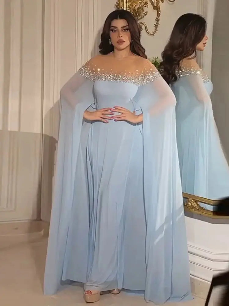 Elegant Dubai Arabic Crystal A-Line Baby Blue Evening Dress with Kaftan for Formal Occasions & Special Events - LA72766 | Perfect for Weddings, Galas, and Luxury Parties