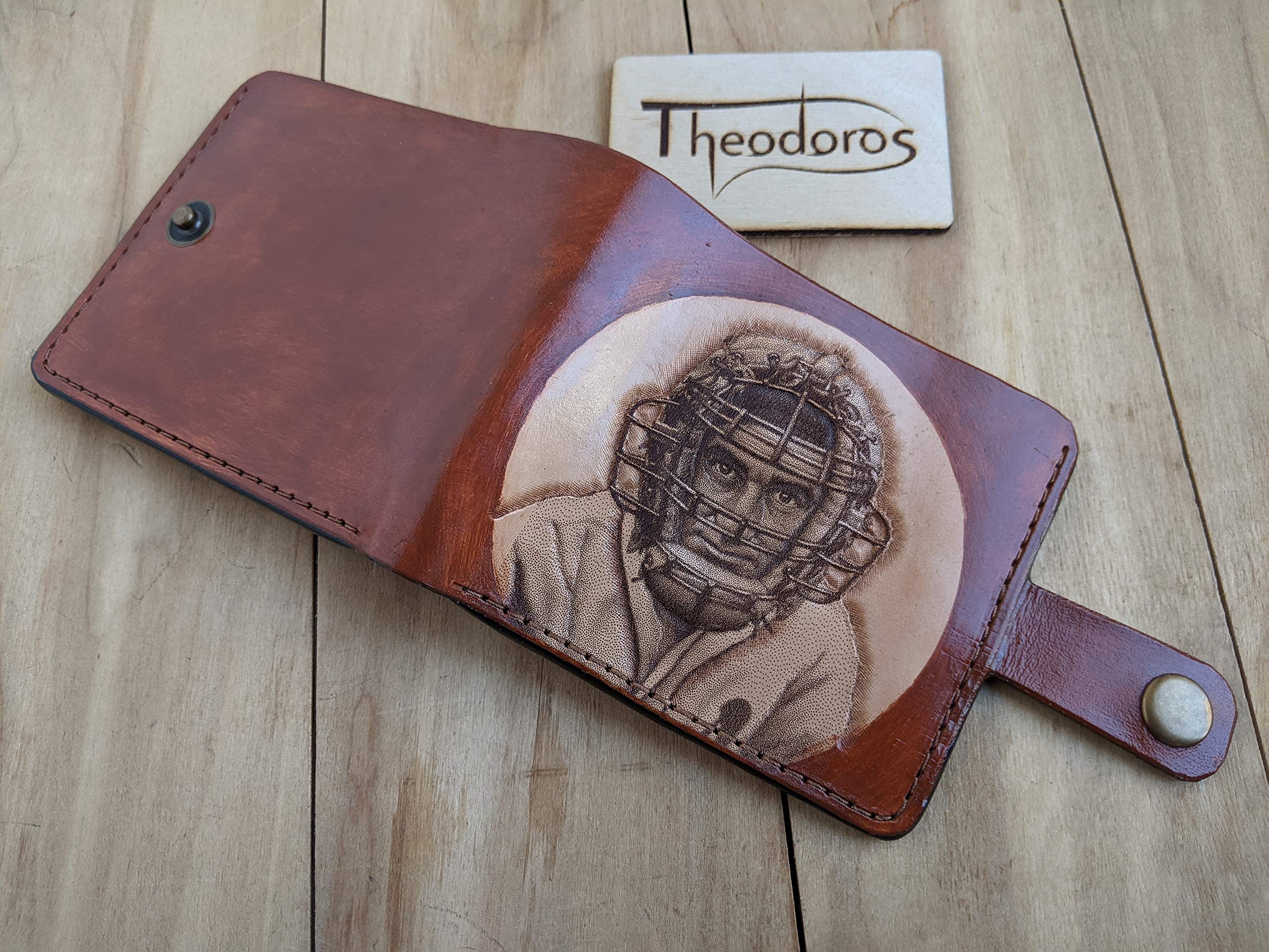 Handmade 3D Genuine Leather Wallet for Men - Custom Engraved & Hand-Painted Baseball Design - Personalized Mickey Cochrane Collector's Gift - Perfect for Sports Fans & Everyday Carry