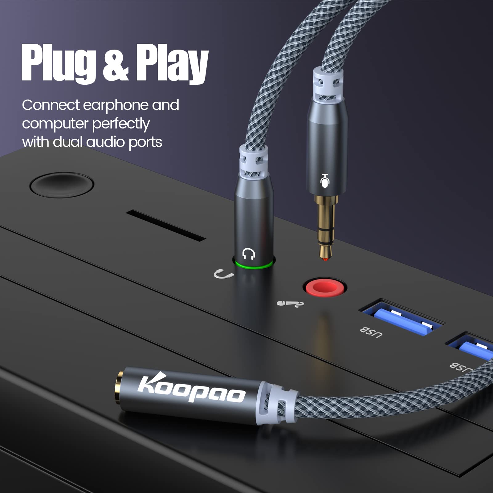 KOOPAO 3.5mm Headphone Splitter Mic Cable - Female to 2 Male Y Splitter with Headphone & Mic Function for PC, Laptop, Gaming Headset, PS4 - Perfect for Multiplayer Gaming & Online Meetings