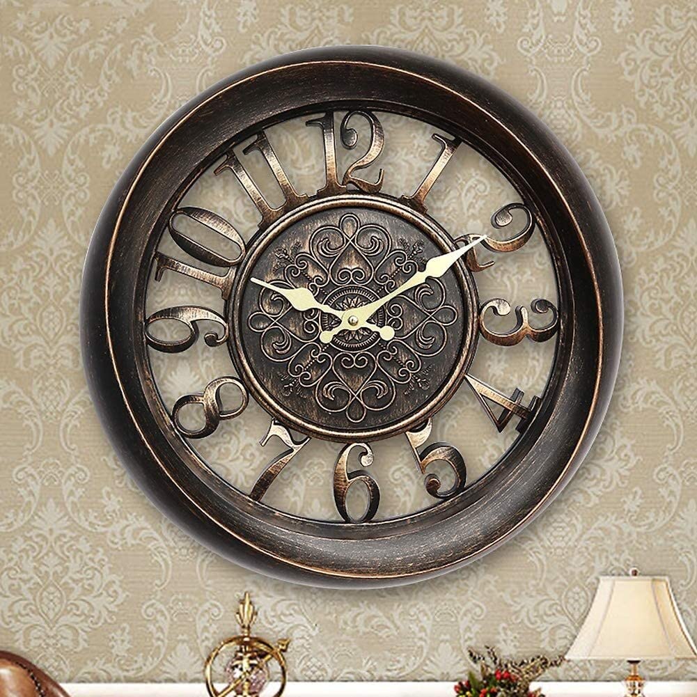 Vintage Large Wall Clock - Silent Battery Operated Quartz Clock with Resin Hollow Carving - Modern Home & Garden Decor for Living Room, Bedroom, Office (Color: B)