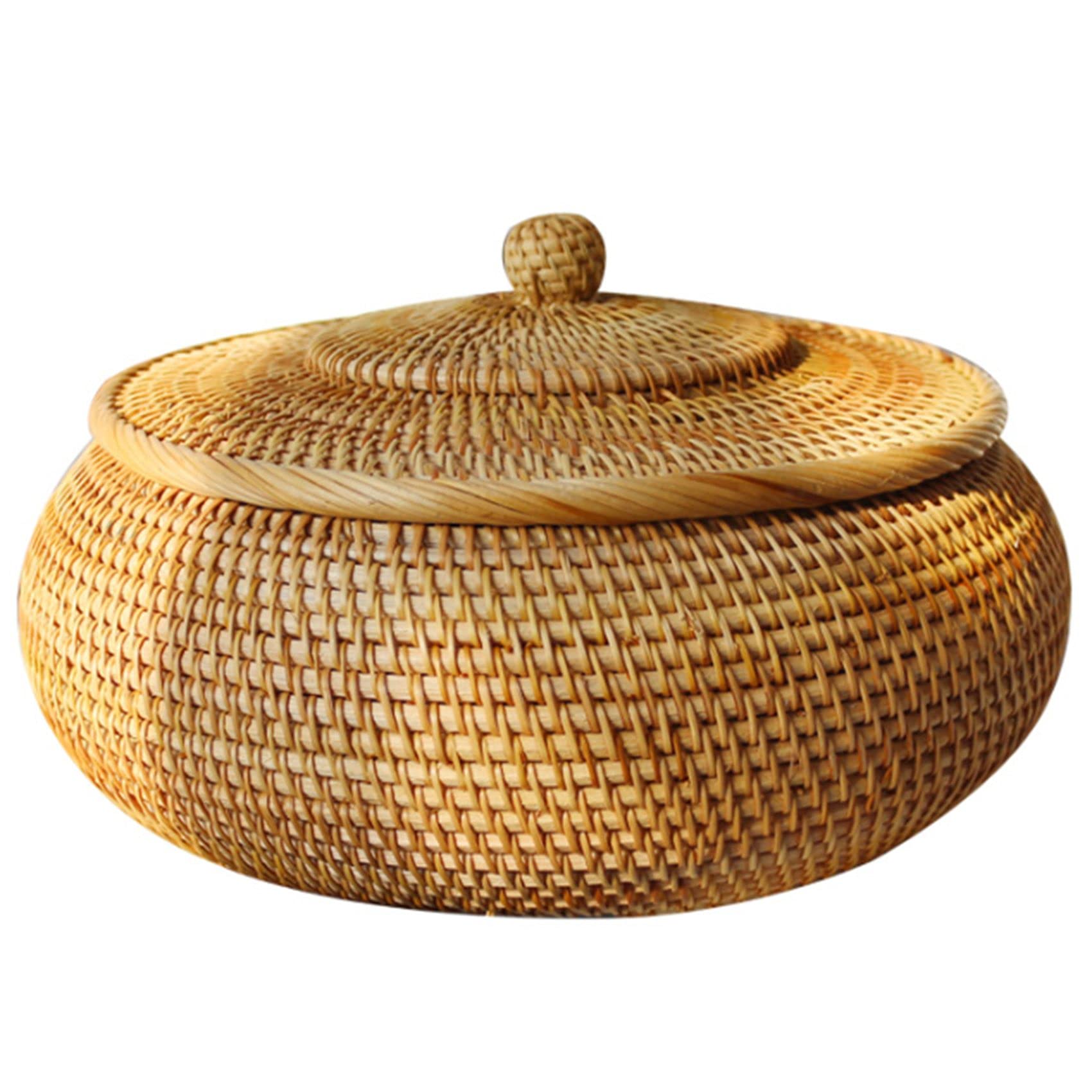 Round Rattan Storage Basket with Lid - Woven Willow Wicker Fruit & Bread Basket for Kitchen, Dining Table, Picnic, and Home Decor - Natural Handwoven Snack Tray Organizer