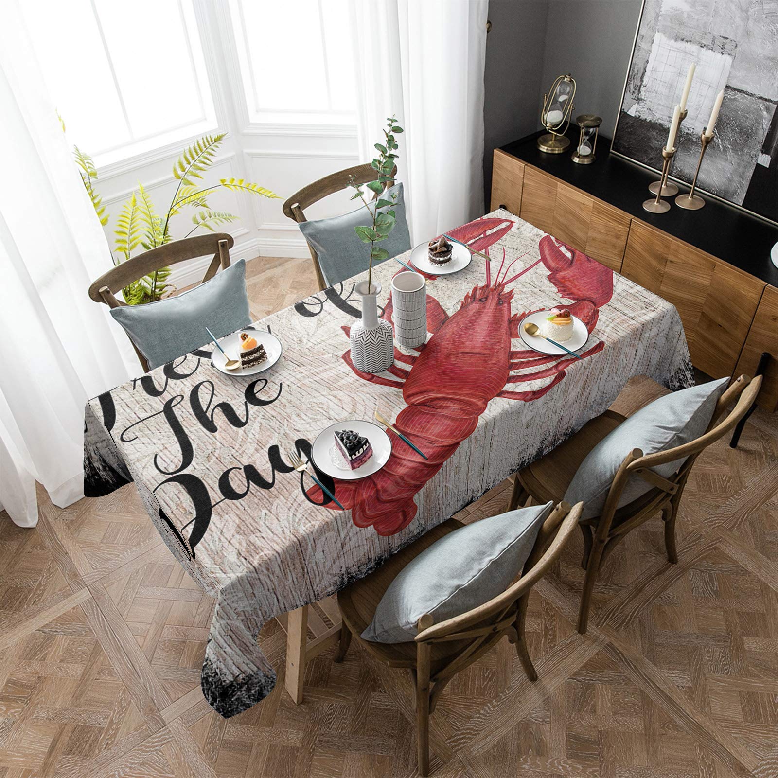 60x84 Inch Waterproof Wipeable Polyester Tablecloth for Rectangle Tables - Rustic Wood Print Kitchen Dining Table Cover for Holiday Parties, Dinner Decor & Everyday Use | Lobster & Fresh of The Day Design