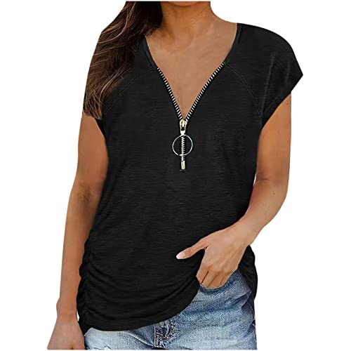 Trendy Women's Summer Zip-Up Tunic Top - Casual Cap Sleeve V-Neck Blouse & Tee Shirt | Sexy Loose Fit for Beach, Party & Everyday Wear