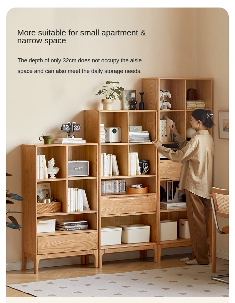 Japanese Style Oak Solid Wood Bookcase - Modern Minimalist Bookshelf for Home, Office & Library - Perfect for Organizing Books, Decor & Storage
